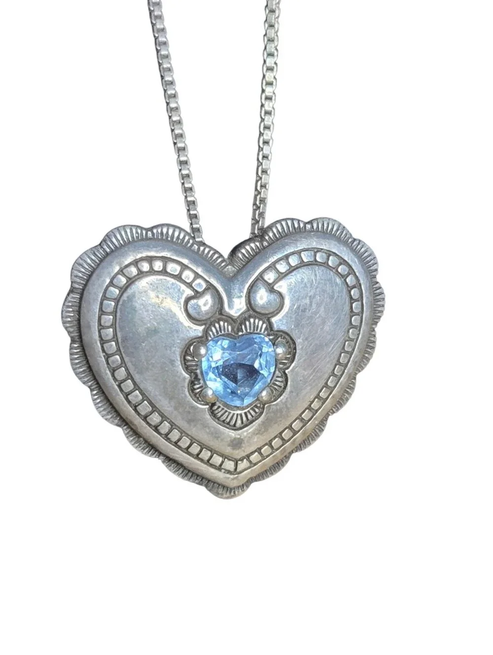 Vintage Carolyn Pollack QT Sterling Silver Blue Topaz Heart Pendant Necklace 16